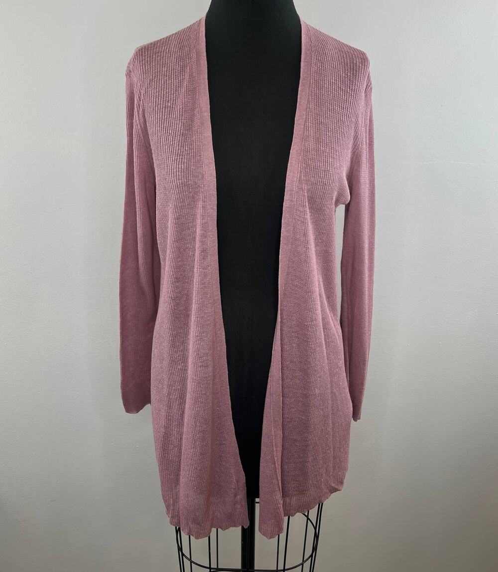 Eileen Fisher Dusty Pink Ribbed Knit Organic Linen Lyocell Open Front Cardigan S